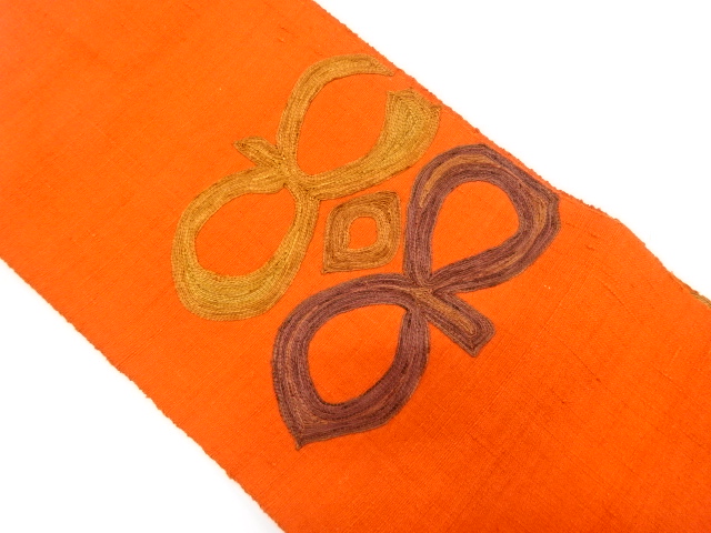 手織り真綿紬　抽象模様　刺繍　名古屋帯